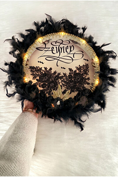 ZEYMERADE Siyah Ledli Gelin Tefi 32cm, Lüx Aplik Çiçekli Tüylü Ve Parlak Taş ...