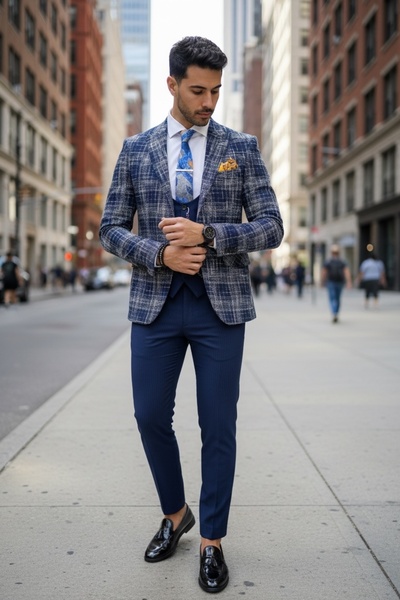 dehaine Ανδρικό καρό σακάκι στενής γραμμής, B5303, ναυτικό μπλε