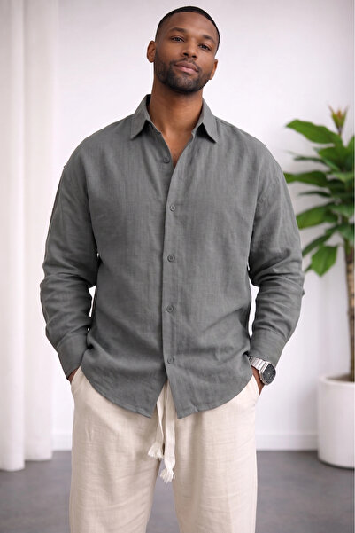 Edwox Men's Linen Look Cotton Comfortable Fit Shirt Anthracite Cd158