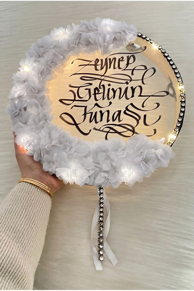 ZEYMERADE Beyaz Ledli Gelin Tefi 32cm, Üç Boyutlu Çiçek Ve Parlak Taş Süsleme...