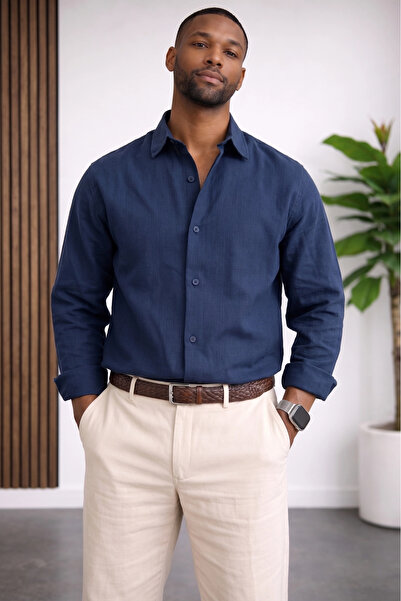 Edwox Men's Linen-Look Cotton Comfortable Fit Shirt Dark Blue Cd158