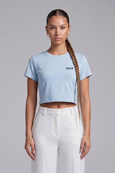 BACKLAİN Mod Style Women's Crop T-Shirt Light Blue Basic 100% Cotton Slim Fit