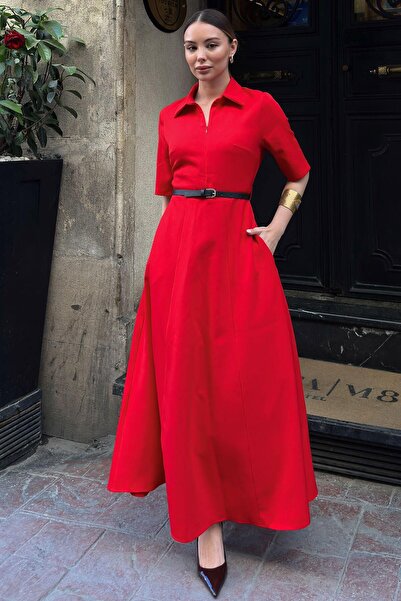 Swist Κόκκινο γυναικείο φόρεμα με κρυφό μισό φερμουάρ, λαιμόκοψη πόλο, τσέπες...