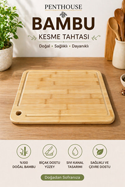 Penthouse Bambu Kesme Tahtası 26x36 cm – Askılı, Oluklu, Doğal Ahşap Mutfak K...