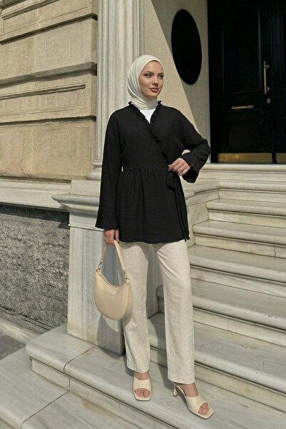 Salih Çelebi Κιμονό με χιαστί δέσιμο Y0128 - ΜΑΥΡΟ