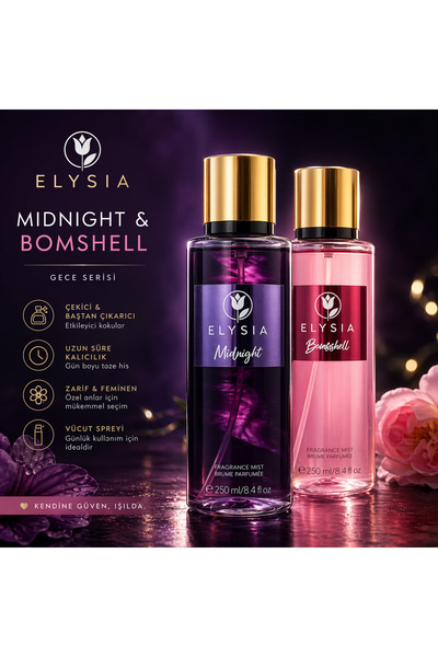 ELYSIA Midnight & Bombshell Kadın Vücut Spreyi Seti 2x250 ml – Kalıcı & Çekic...