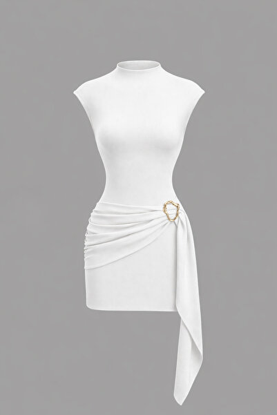 Edela Γυναικείο φόρεμα εκρού με ψηλό γιακά, λεπτομέρεια με αγκράφα και ζώνη π...