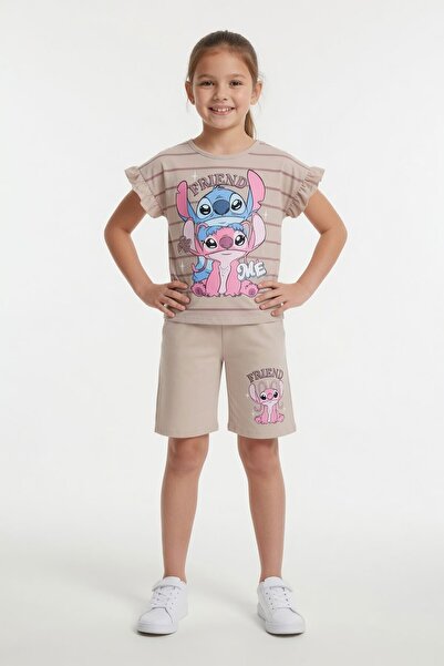 Cansın Mini Beige Striped Character Printed Ruffled Girls' Shorts 2-Piece Set...