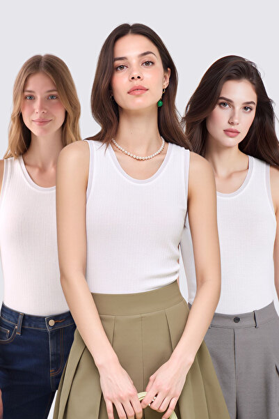 Pearlune Women's 3-Piece White Soft Textured Viscose Standard Fit Daily Athle...