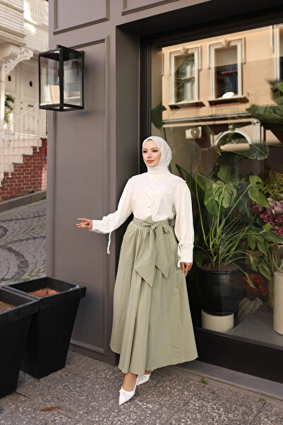 TATULA Loose Cut High Waist Skirt with Bow Tie Detail