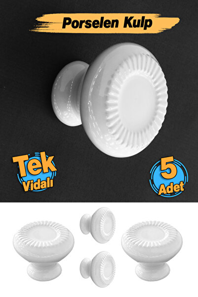 Badem10 (5 Adet) Mühür Porselen Yuvarlak Beyaz Renk Kulp Mobilya Gardrop Dola...