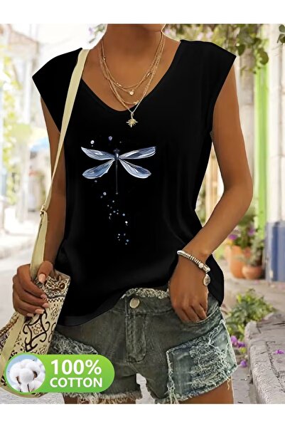 PAVRO Γυναικείο μπλουζάκι με άνετη εφαρμογή και λαιμόκοψη V, με μικτό εμπριμέ...