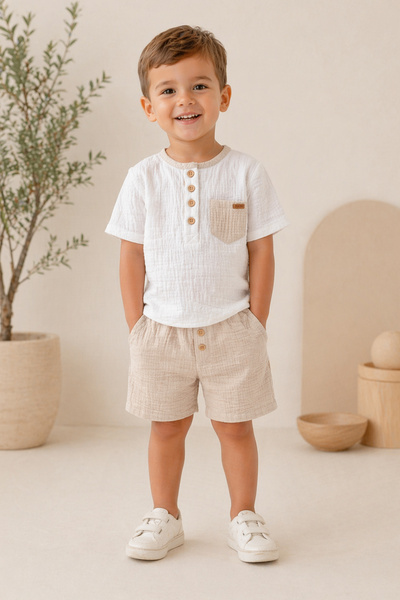Bebek Vadisi New Linen Summer Cotton Baby Boy Kids Two-Piece Set Top and Shor...