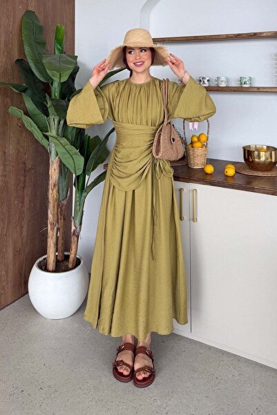 Hazamoda Φόρεμα από λινό Μποσνά, λαδί πράσινο