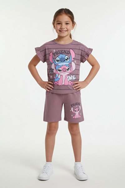 Cansın Mini Dusty Rose Striped Character Printed Ruffled Girls' Shorts 2-Piec...