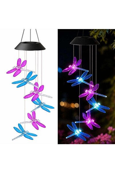JML1 Lampă solară LED de 63 cm cu clopoței de vânt, Model cu 6 libelule din p...
