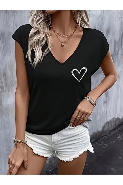 PAVRO Γυναικείο μπλουζάκι με άνετη εφαρμογή και λαιμόκοψη V, με μικτό εμπριμέ...