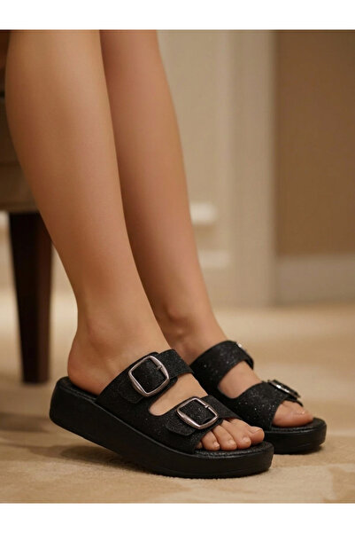 Elit Polen 0018 Μαύρες Ορθοπεδικές Γυναικείες Παντόφλες με Διπλή Πόρπη και Λε...