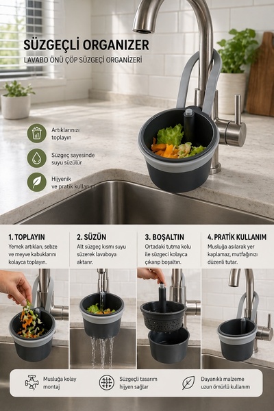 evolis kitchen 1 Adet Mutfak Lavabo Çöp Sepeti - Süzgeçli Organize Süzgeç