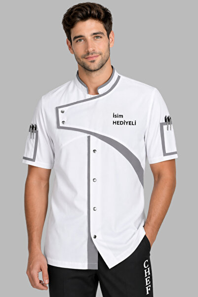 Üniformanya Λευκό γκρι μπουφάν μάγειρα με λεπτομέρειες και δώρο με όνομα, Μπο...