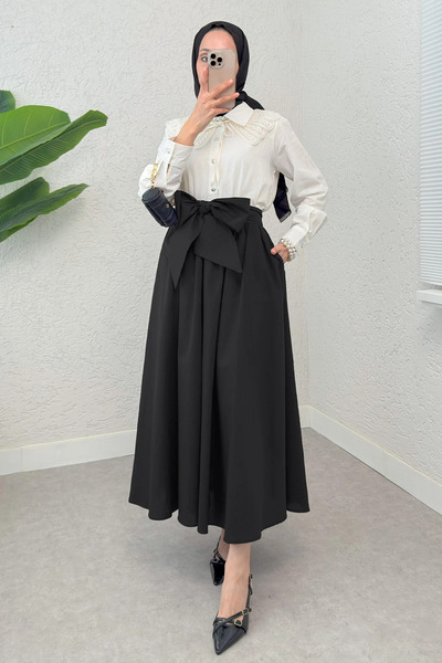 TATULA Loose Cut High Waist Skirt with Bow Tie Detail