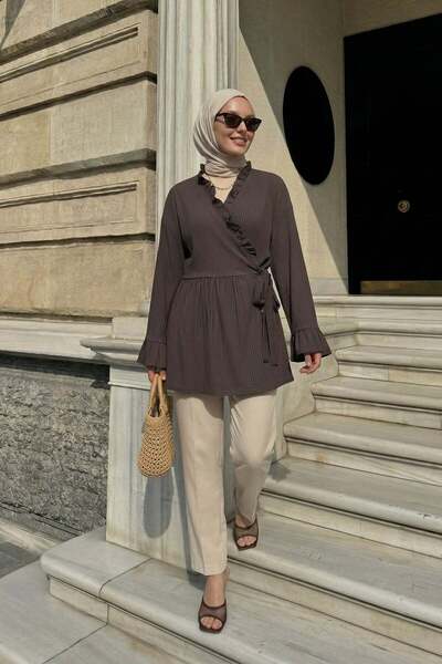 Salih Çelebi Κιμονό με χιαστί δέσιμο Y0128 - ΑΝΟΙΧΤΟ ΚΑΦΕ