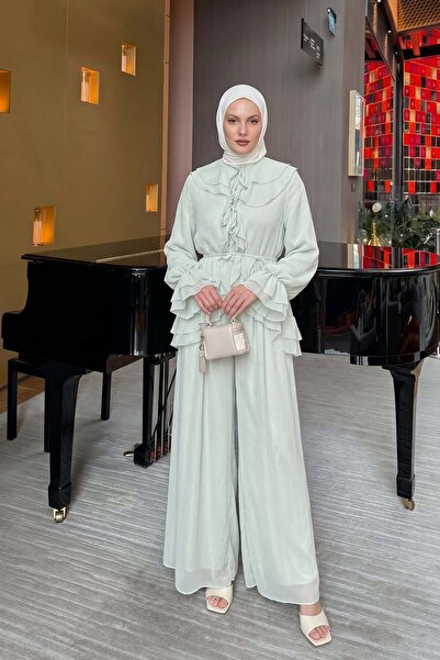 Salih Çelebi Ruffled Premium Chiffon Set 266031 - Light Green