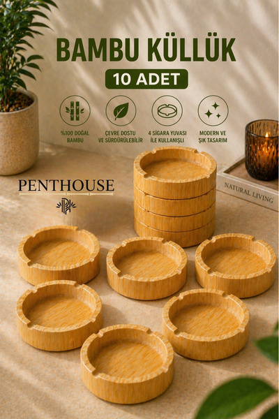 Penthouse Okrugla pepeljara od prirodnog bambusa sa 4 otvora, izdržljiva i el...