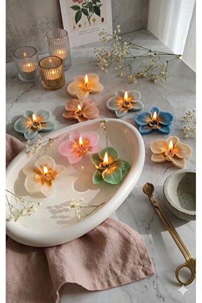 SCA CANDLE Dekoratif Mum Orkide çiçiek 5renk 5 li Beyaz +Pembe +Mavi+Yeşil+Sü...