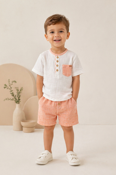 Bebek Vadisi New Linen Summer Cotton Baby Boy Kids Two-Piece Set Top and Shor...