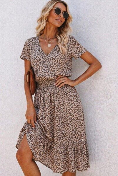 Generic Brand Women's Short Sleeve V-Neck Elastic Waist Midi Single Jersey Dress