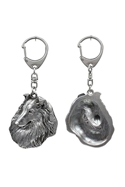 Art - Dog Collie Rough - Breloc placat cu argint cu un câine într-o cutie cad...