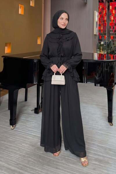 Salih Çelebi Ruffled Premium Chiffon Set 266031 - Black