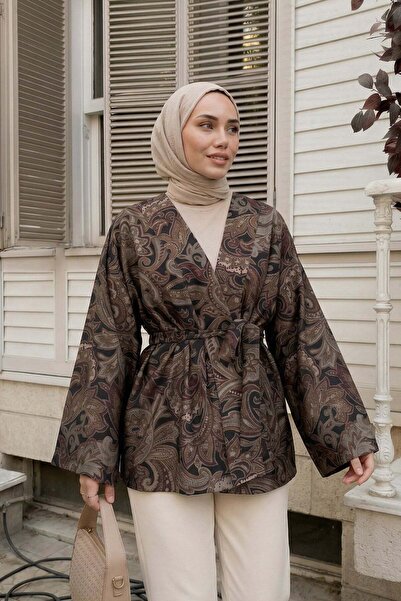 Salih Çelebi Etnik Desen Kimono 23751 - KAHVERENGİ