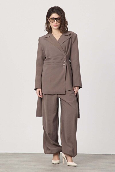 Women's Pleat and Belt Detailed Pants Elastic Brown Oversize Set