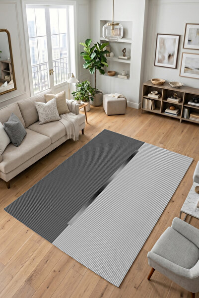 Gri Lüks Kaymaz Taban Dijital Baskı Modern Salon ve Yatak Odası Halısı