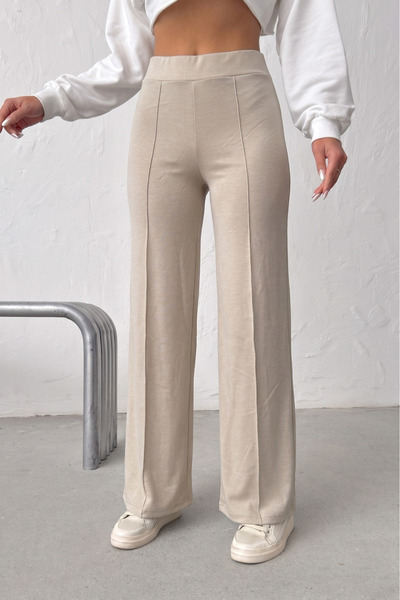 NEW JOURNAL Γυναικείο μπεζ παντελόνι με ψηλή μέση και ραφές μπροστά, φαρδιά μ...