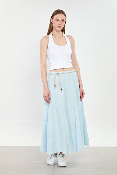 BARRELS AND OIL Γυναικεία μακριά βαμβακερή φούστα με ζώνη και πιέτες - Μπλε