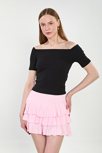 BARRELS AND OIL Γυναικείο κορμάκι με λαιμόκοψη σκάφος και κοντά μανίκια - Μαύρο