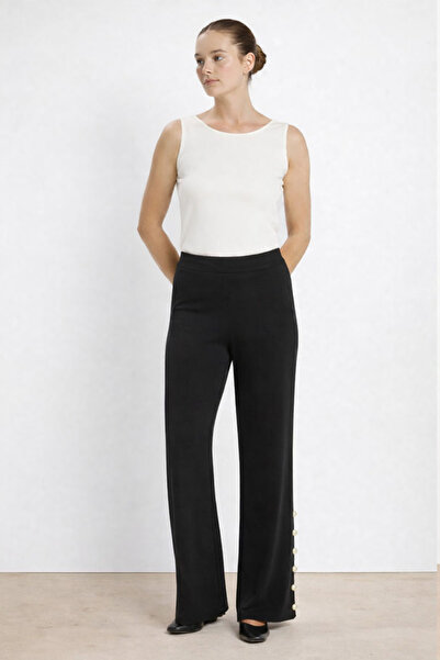 Triko Mısırlı Black Women's Trousers with Pearl Detail on the Hem