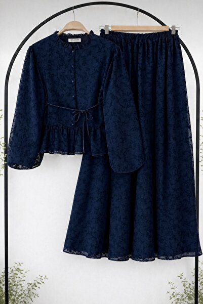 Women's Double Set with Hijab Skirt Flock Printed Lace Detailed Lined Inside Stylish and Elegant Outfit YZ2710