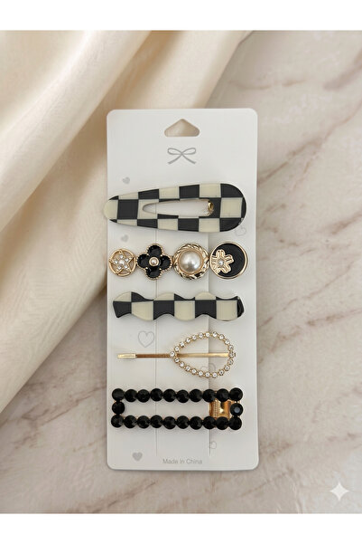 PABALAS Σετ Γυναικείων Κλιπ Μαλλιών 5 Τεμαχίων – Μαύρο και Λευκό Καρό Κλιπ Μα...