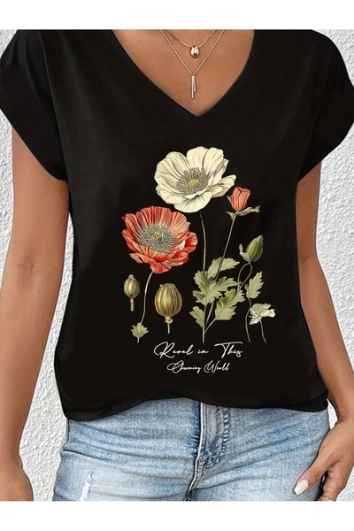 PAVRO Γυναικείο μπλουζάκι με άνετη εφαρμογή V-λαιμόκοψη και μικτό εμπριμέ σχέδιο