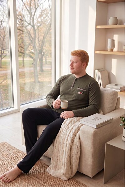 bie's Ανδρικό σετ πιτζάμες μεγάλου μεγέθους 3 κουμπιών από βαμβακερή λύκρα, ε...