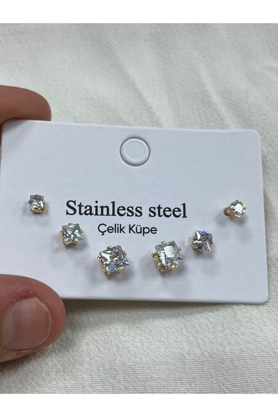 ÇELİKSİLVERTAKI Steel Baguette Square Zircon Stone 6-Piece 3-Size Earring Set