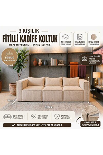 COLORMİX Fitilli Kadife 3' lü Koltuk Tam sünger Rahat Oturum Modern Kanepe Ko...