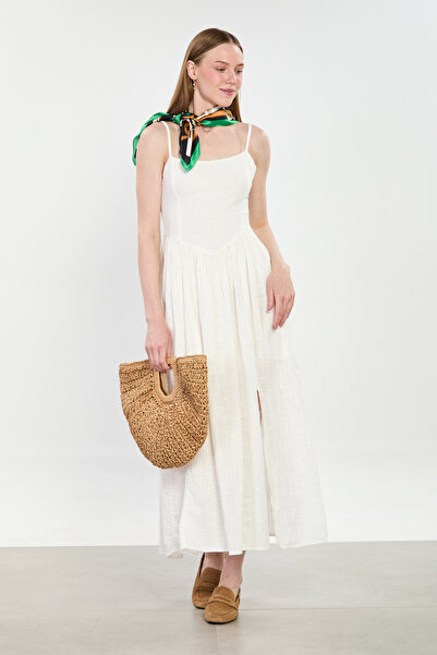 BARRELS AND OIL Γυναικείο μακρύ φόρεμα με πλισέ και λουράκια - Λευκό