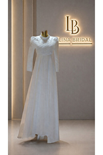 linadikimevi80 Lina Bridal - Tesettür Hakim Yaka Drapeli Uzun Kollu Saten Niş...