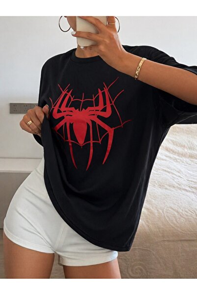 SERBA Γυναικείο μαύρο μπλουζάκι με στάμπα αράχνης σε μεγάλο μέγεθος