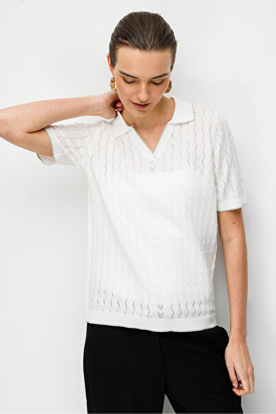 Desen Triko Γυναικεία πλεκτή μπλούζα με λαιμόκοψη πόλο, διάτρητη, λεπτή, 2635...